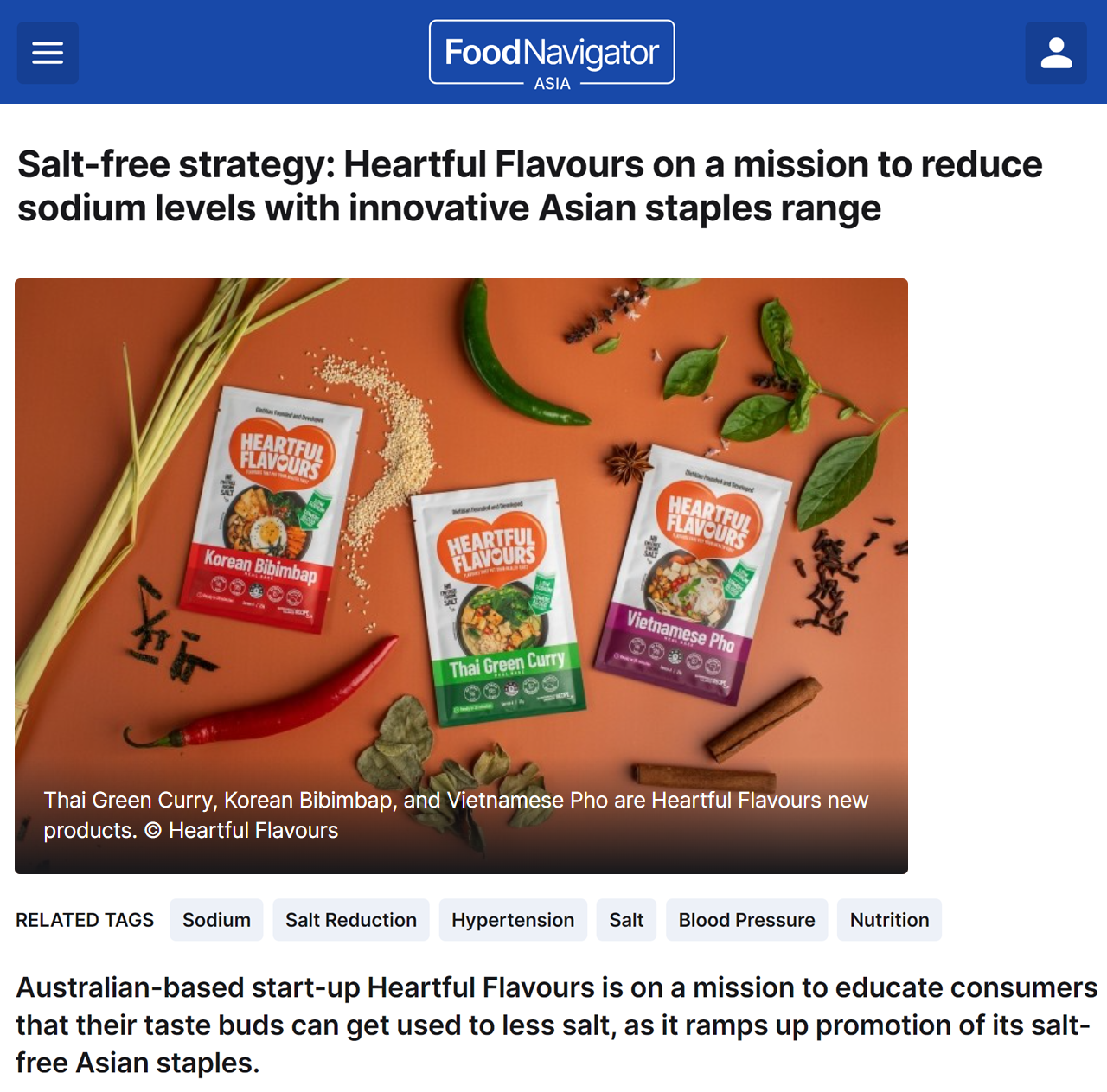 Heartful Flavours featured in Food Navigator Asia with article title Salt-free strategy: Heartful Flavours on a mission to reduce sodium levels with innovative Asian staples range