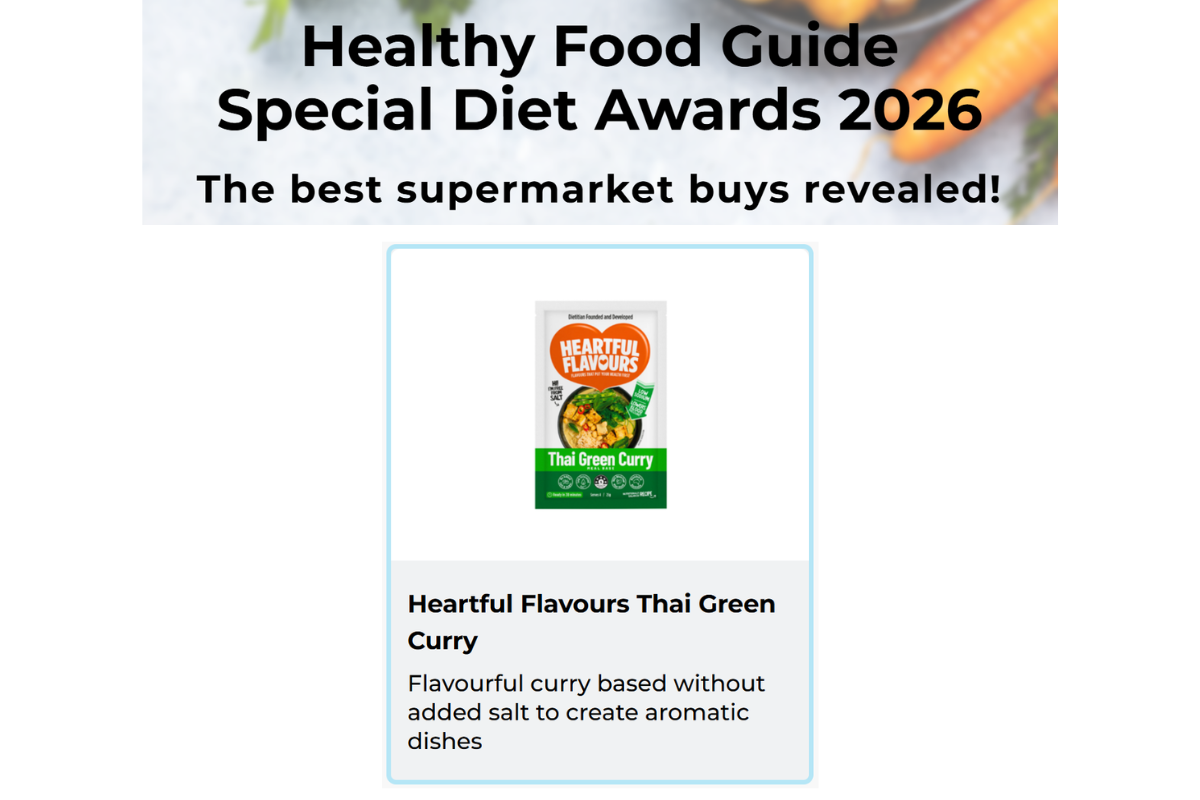 And the ‘Winner, Low Salt category, 2026 Healthy Food Guide Special Diet Awards’ is... Heartful Flavours Thai Green Curry Meal Base