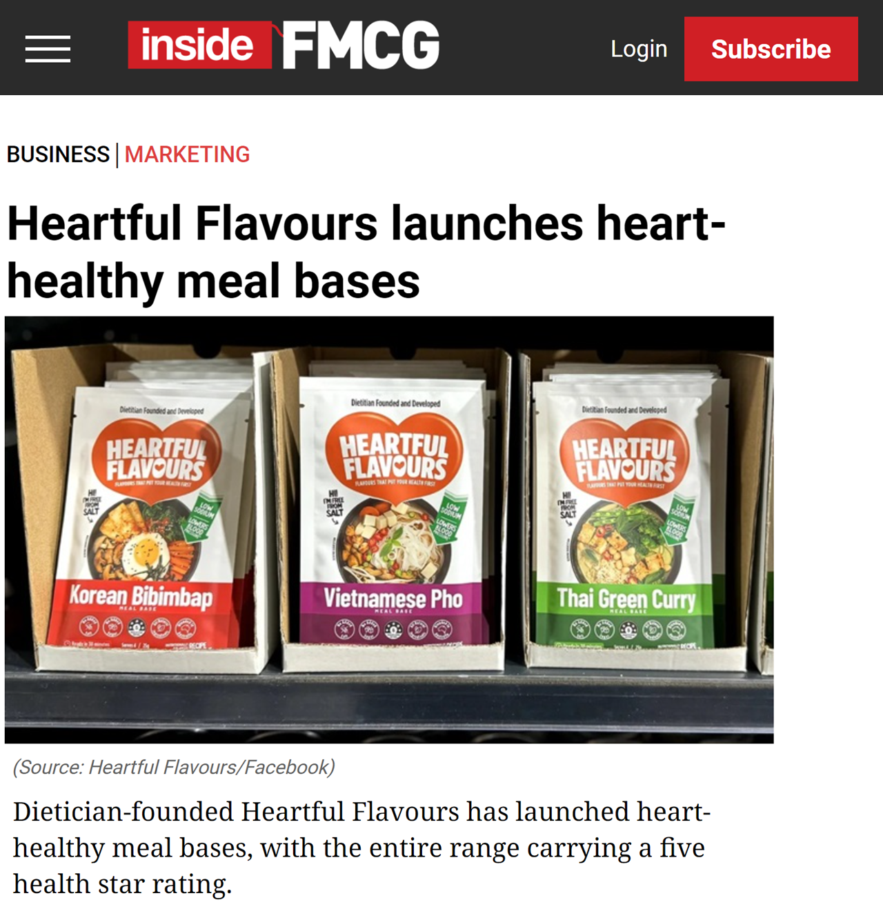 Heartful Flavours Featured in Inside FMCG with article title Heartful Flavours launches heart-healthy meal base