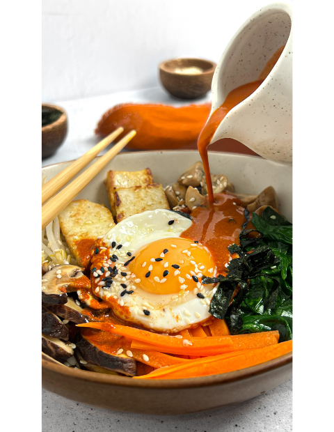 Heartful Flavours Korean Bibimbap Recipe Food Shot Lifestyle with tofu egg brown rice carrots mushroom sesame seeds seaweed bean sprout spinach