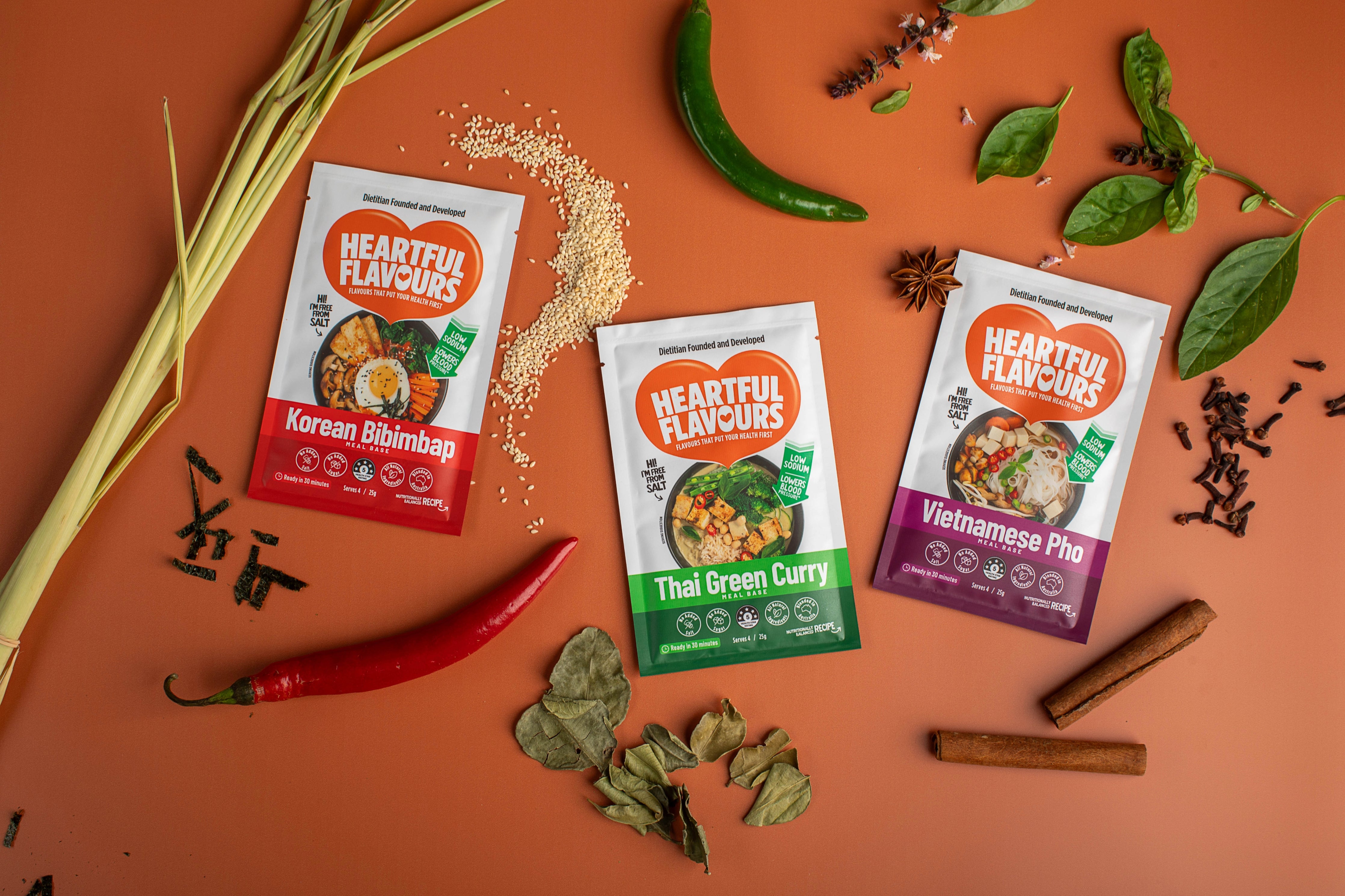 Heartful Flavours Products Shot Thai Green Curry Korean Bibimbap Vietnamese Pho for desktop banner